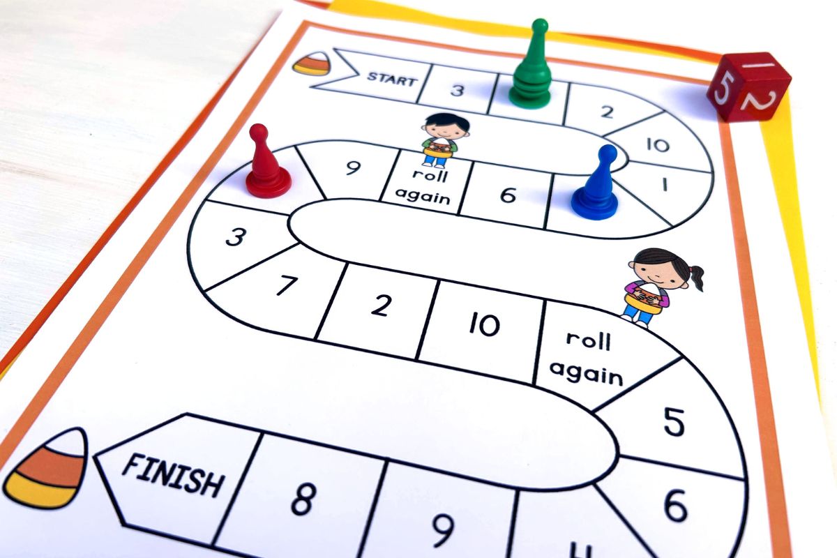 1-10 number game board printable, horizontal image.
