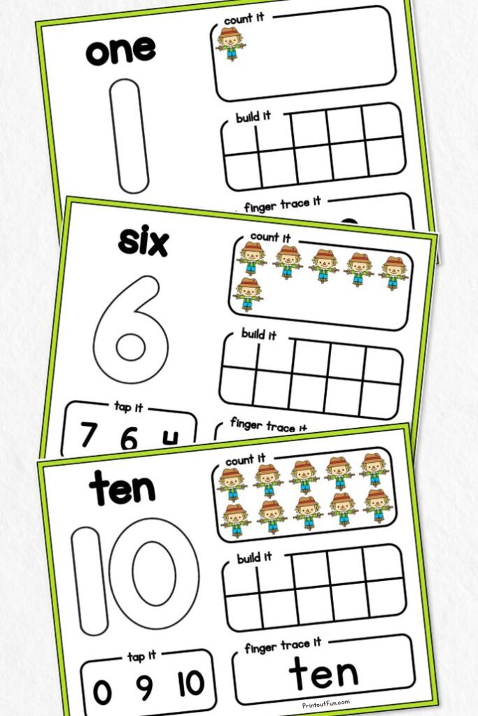 Vertical collage of 3 different scarecrow number mats.