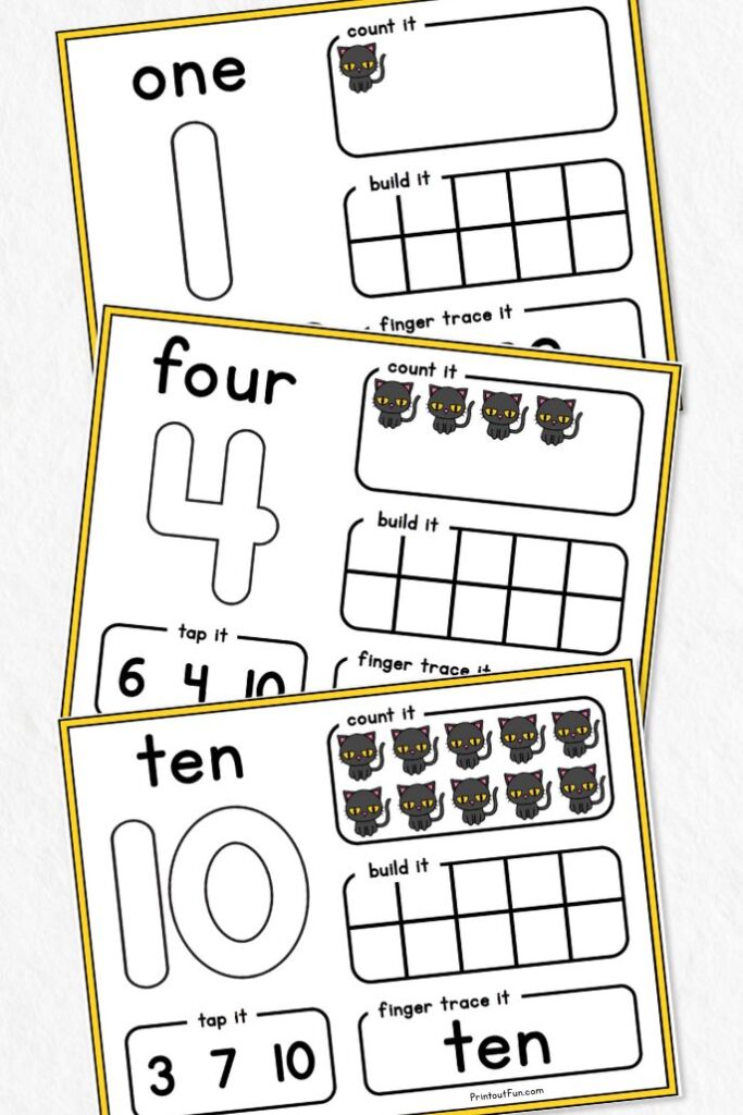 a vertical collage of 3 black cat number mats.