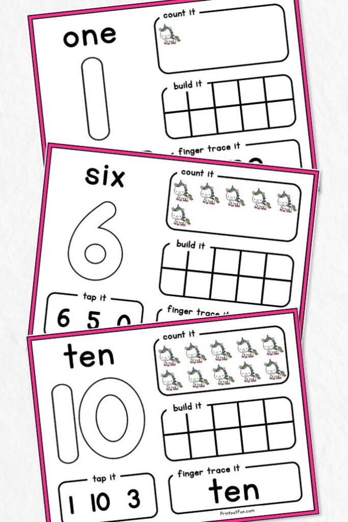 a vertical collage of 3 unicorn number mats. 