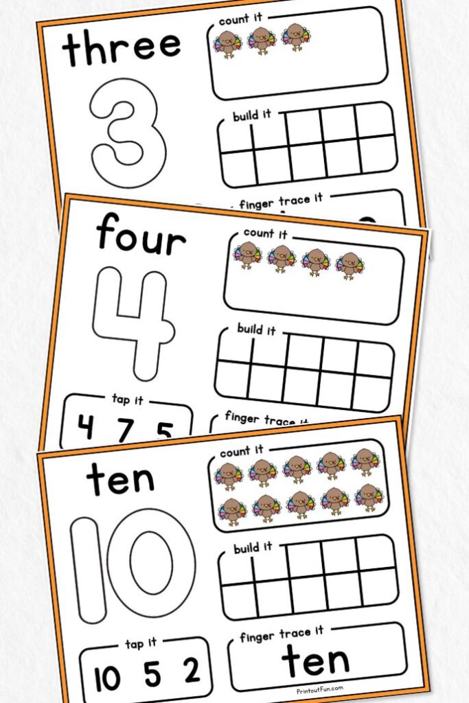 A vertical collage of 3 turkey number mats.