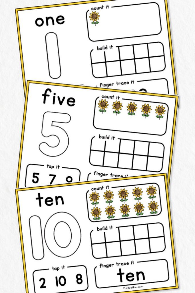 A vertical collage of 3 sunflowers number mats.