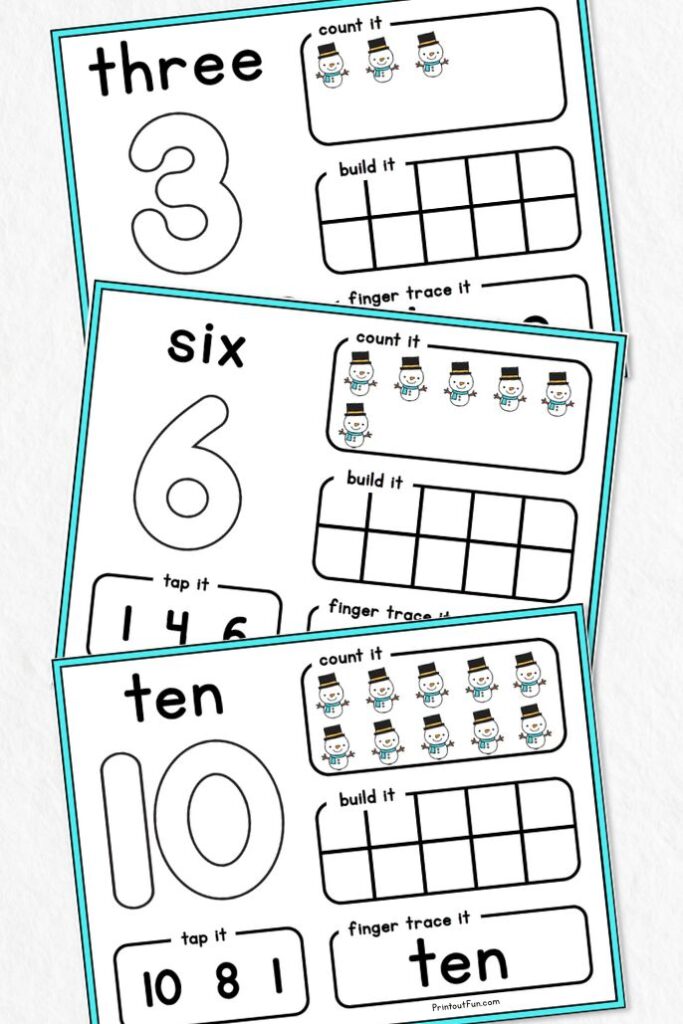A vertical collage of 3 snowman number mats. 
