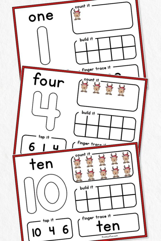 A vertical collage of 3 reindeer number mats.