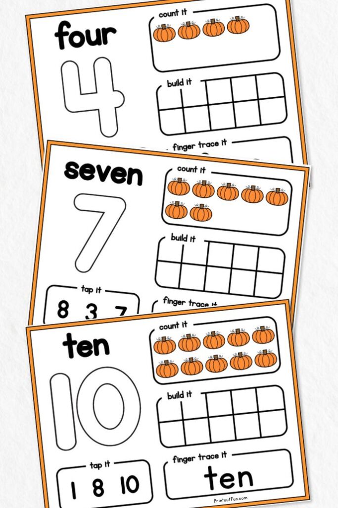 Vertical image feature the number 10 mat from this number matching pumpkin game.