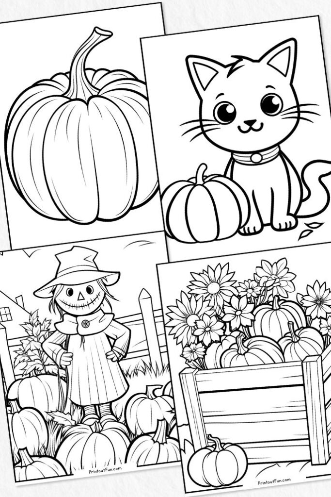 A vertical collage of 4 pumpkin coloring pages.