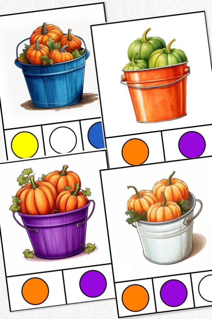 A collage of 4 pumpkin color matching clip cards.