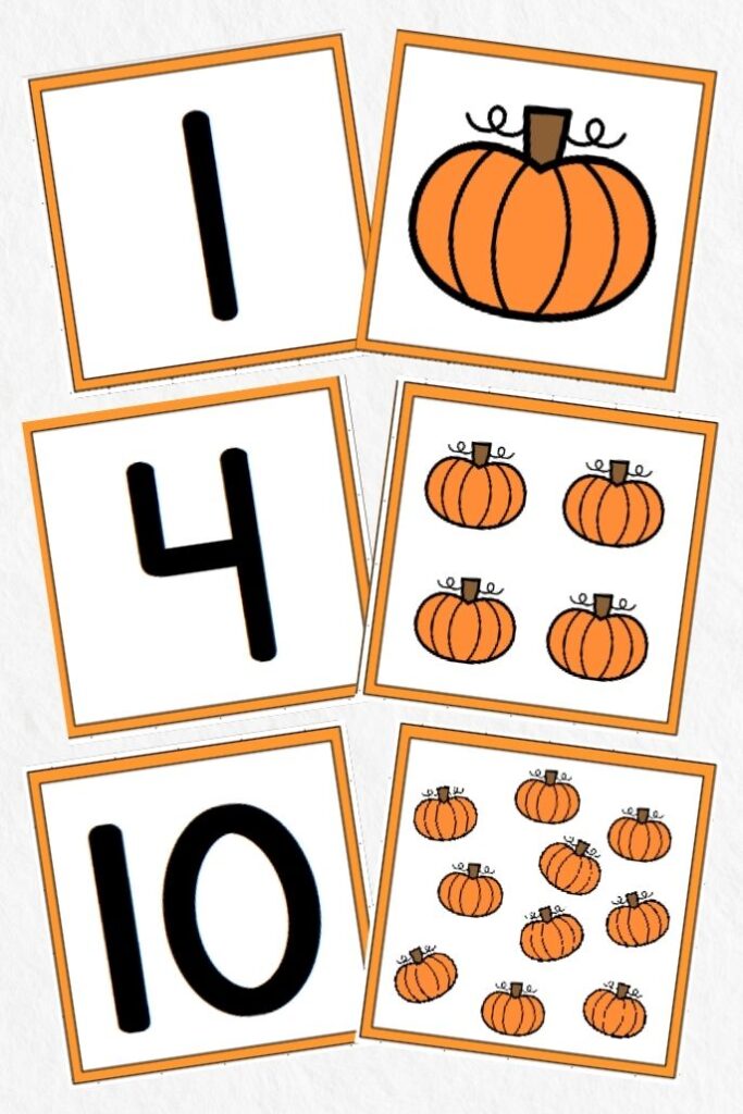vertical collage of the pumpkin number matching game cards.
