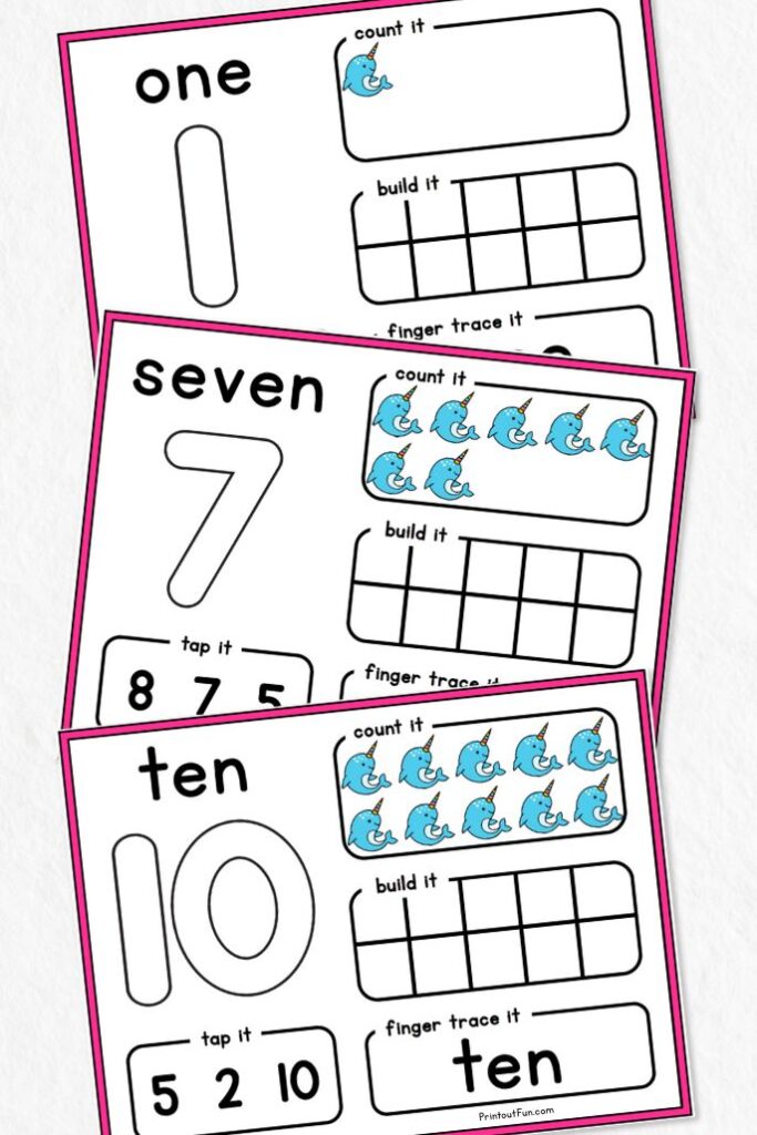 A vertical collage of 3 narwhal number mats.