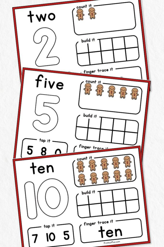 A vertical collage of 3 gingerbread number mats.
