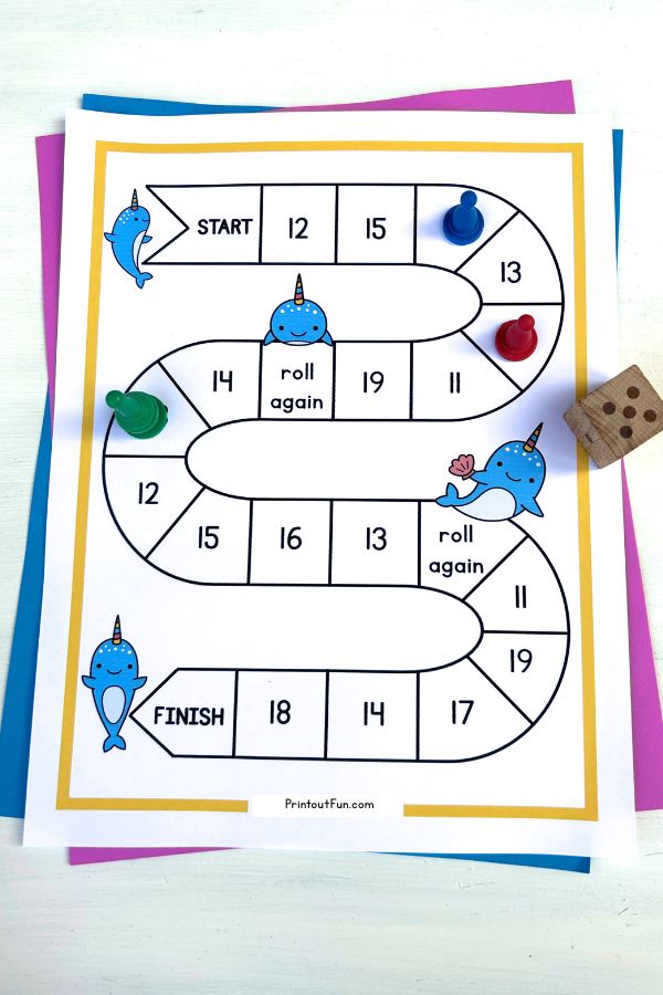 11-20 Narwhal number recognition game printable.
