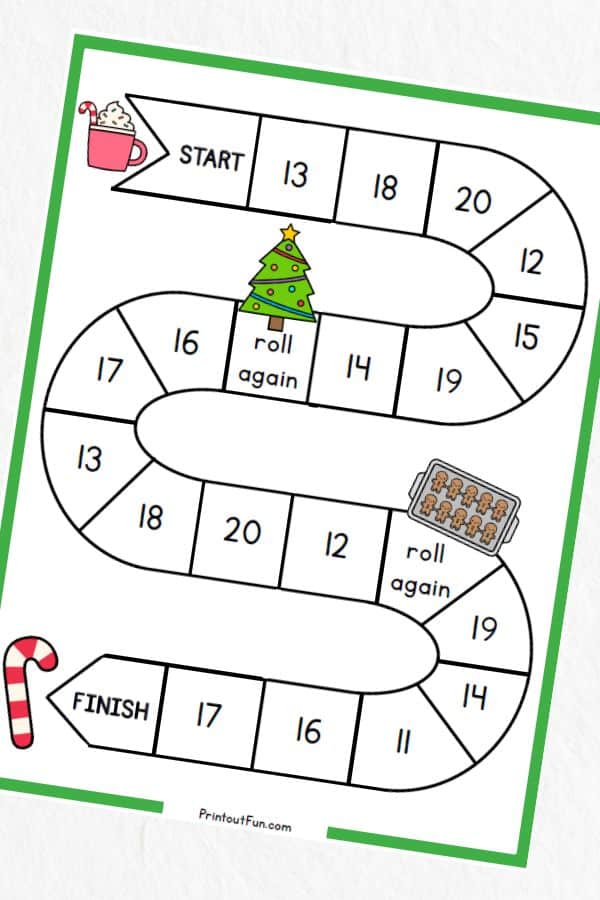 Christmas board game for teaching numbers 11-20.