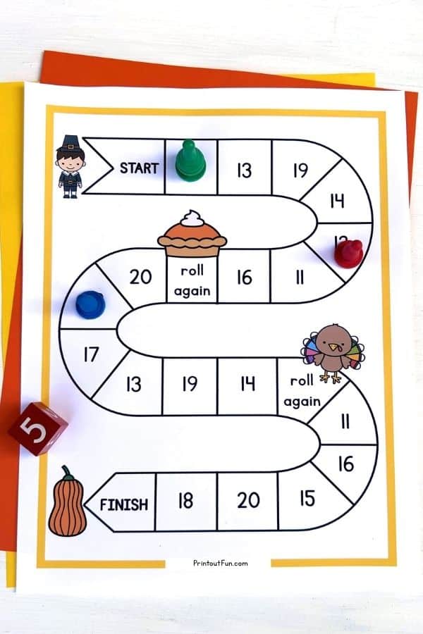 A vertical image of the 11-20 Thanksgiving number recognition game board.