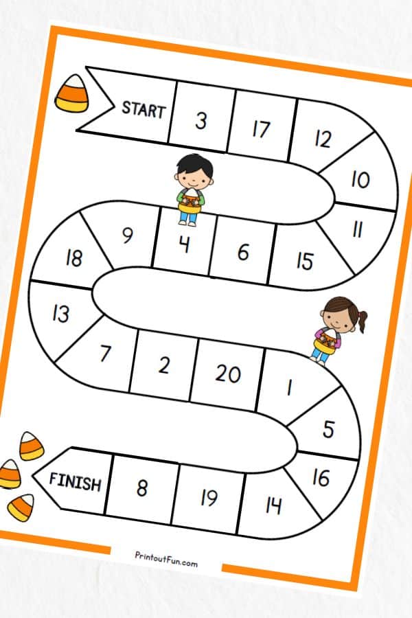 1-20 Candy Corn theme number recognition game board.