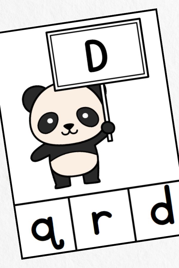 panda letter matching clip card for the letter D.