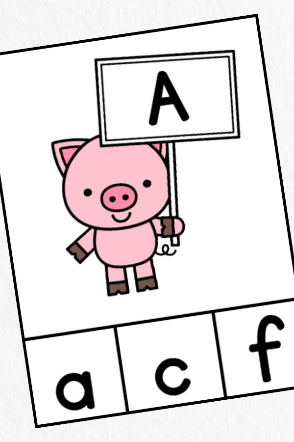 Vertical image of a pig letter matching clip card for the letter A.