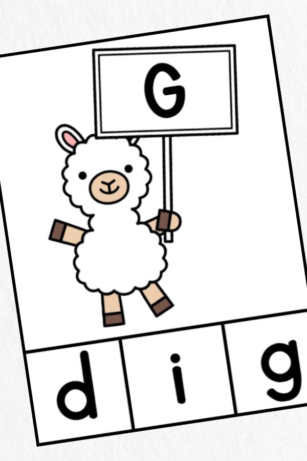 Llama letter matching clip card for the letter G.