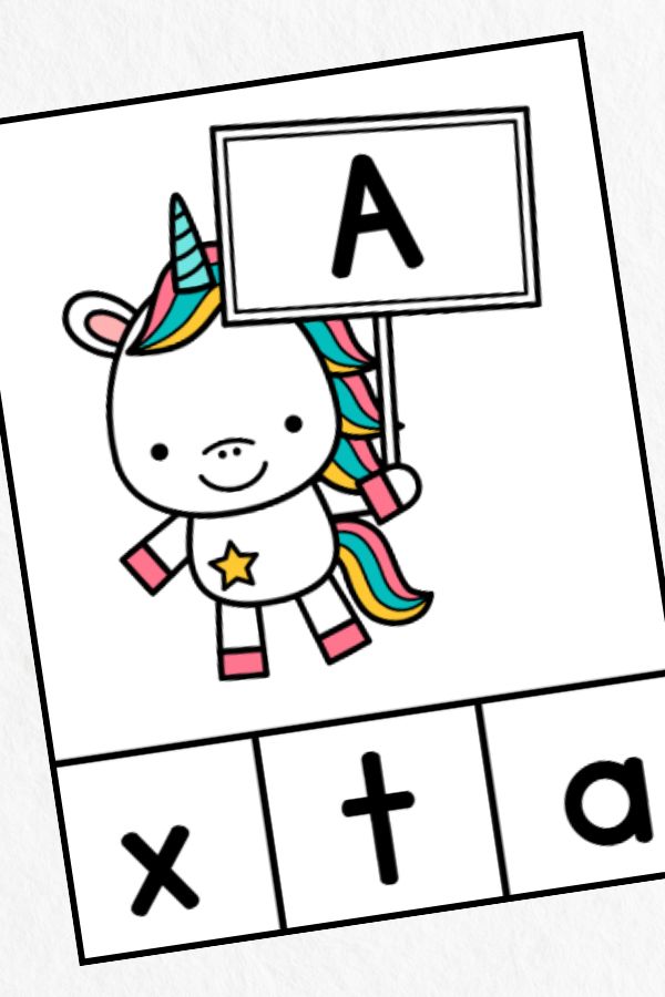 unicorn letter matching clip card: A.