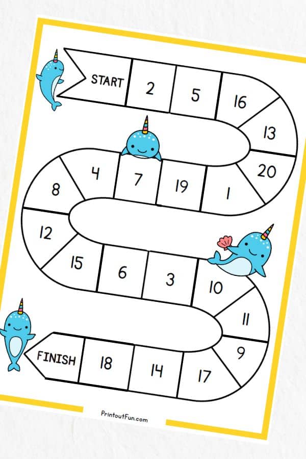 1-20 narwhal number game board.