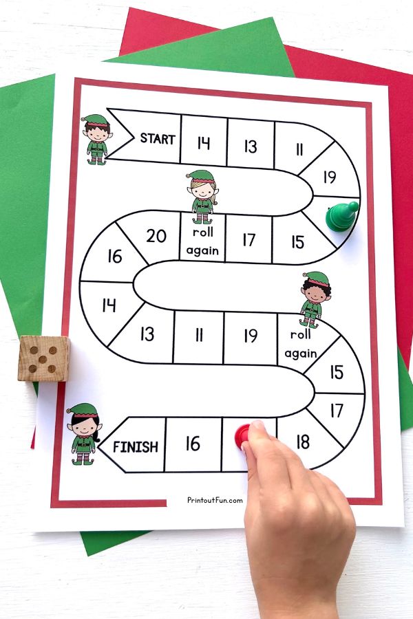 11-20 Elf number recognition board game printable.