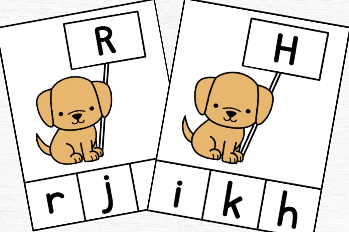 puppy alphabet clip cards for letters r and H.
