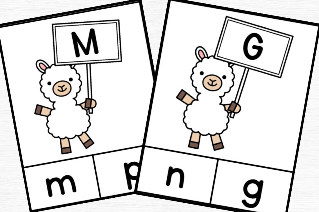 Letter cards m and g with 2 answer choices across the bottom.