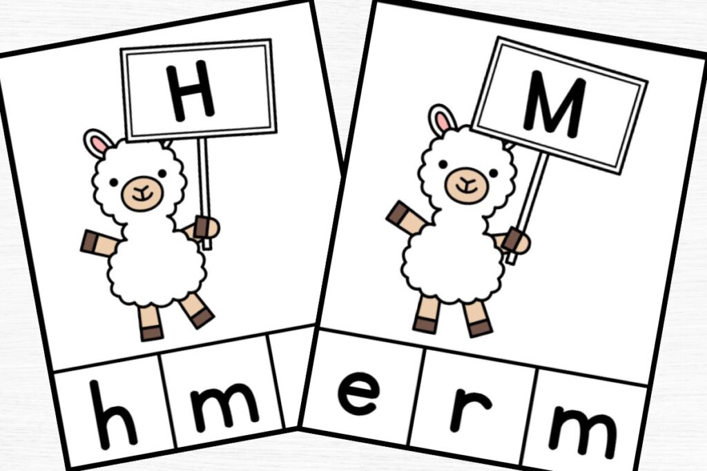 alphabet clip cards for letters H and M with 3 answer choices across the bottom.
