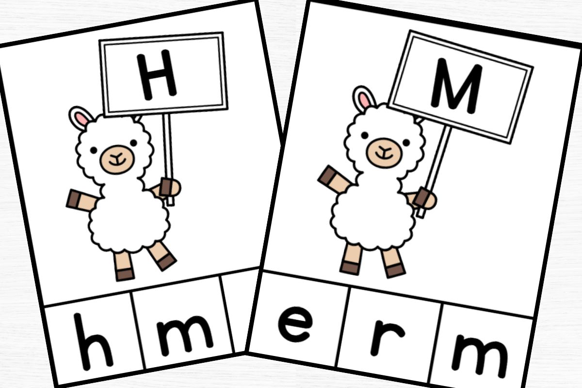 alphabet clip cards for letters H and M with 3 answer choices across the bottom.