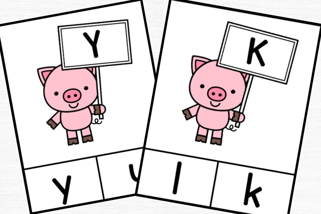 Letter cards for Y and K with 2 answer choices across the bottom.