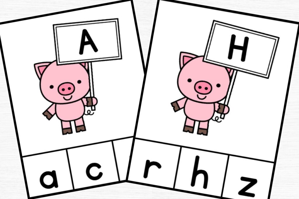 pig themed clip cards for letters A and H with 3 answer choices at the bottom.