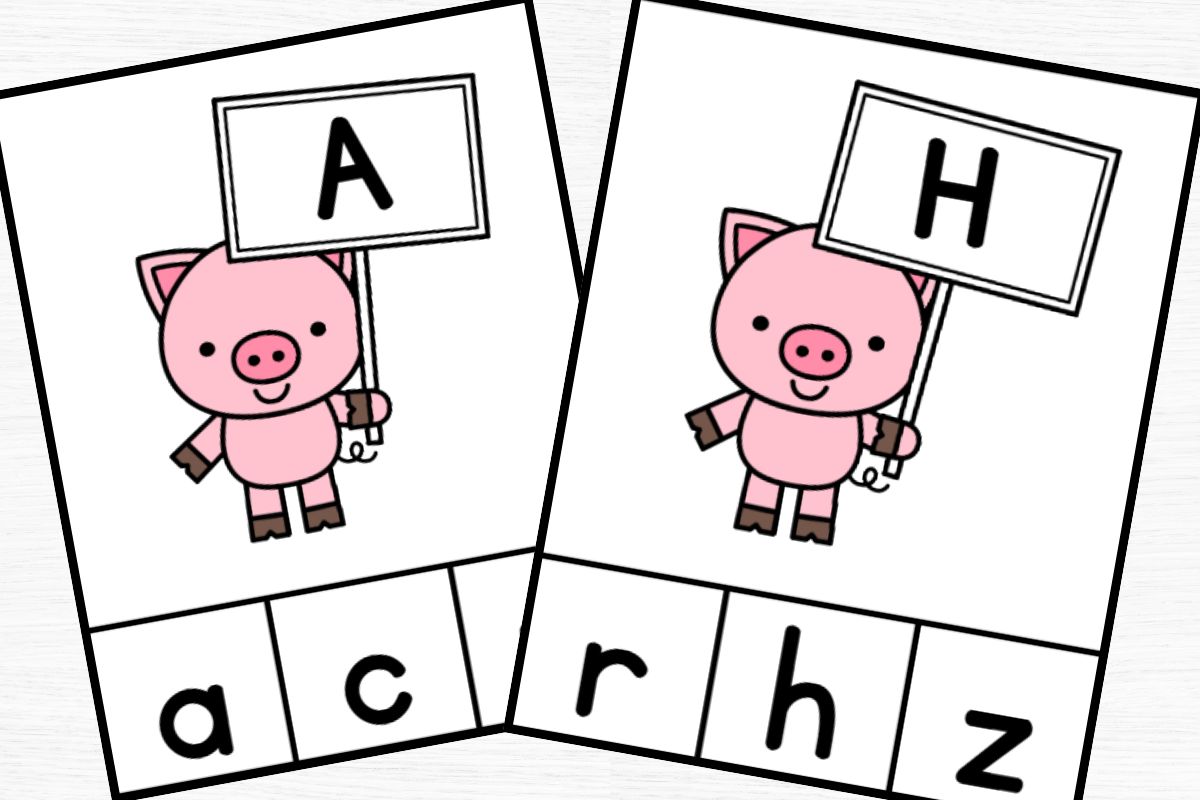 pig themed clip cards for letters A and H with 3 answer choices at the bottom.