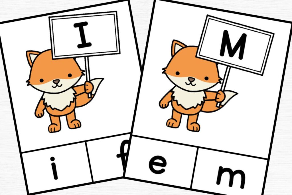 Fox clip cards for letters I and M with 2 lowercase letter choices across the bottom. 