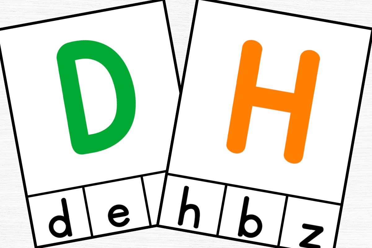 Alphabet cards for letters D and H with 3 answer choices across the bottom.