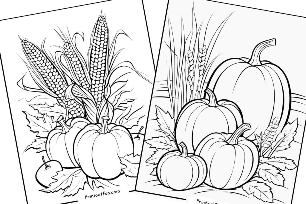 Coloring pages with pumpkins, corn, and leaves.