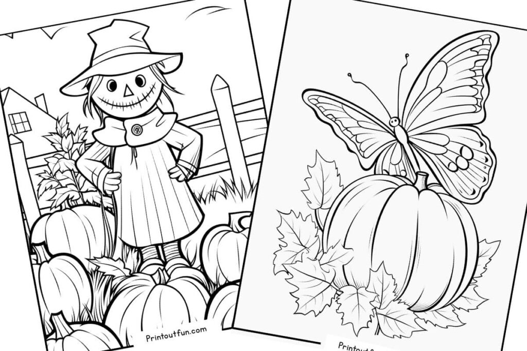 A scarecrow and pumpkins coloring sheet next to a butterfly and pumpkin coloring sheet.