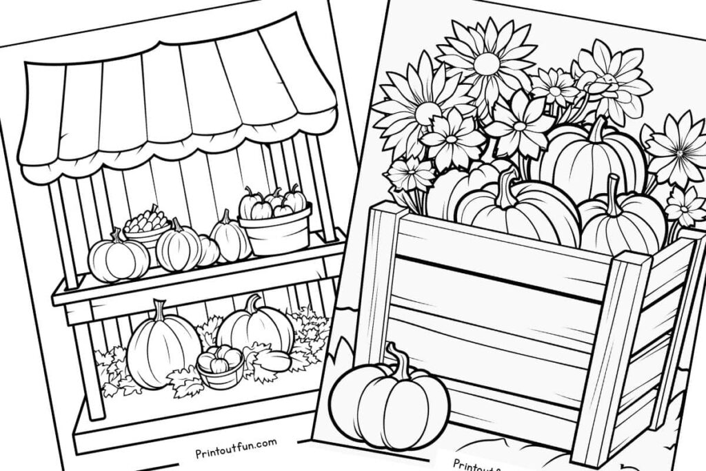 A full farm stand and a crate full of pumpkins coloring pages.