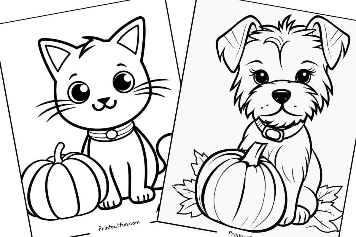 Coloring sheets with a happy cat and a dog standing next to a pumpkin.