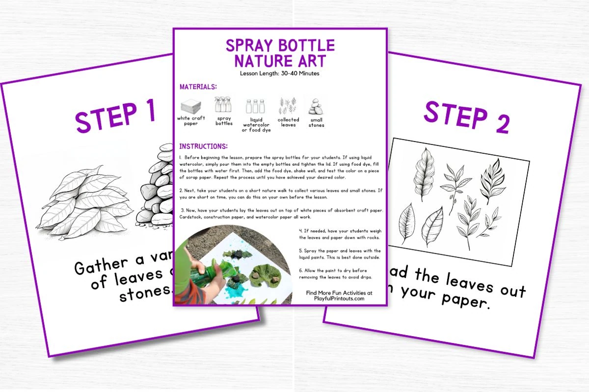Nature Splatter Painting 5 3 lesson pages featuring a printable lesson plan, step 1 and step 2.
