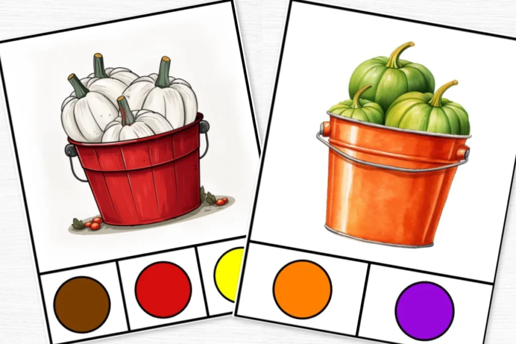 a red bucket filled with pumpkins and an orange bucket filled with pumpkins.
