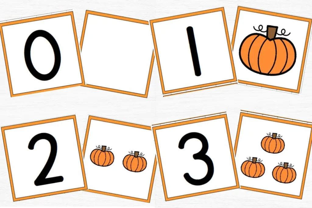 Pumpkin number matching game cards for number 0 through 3.