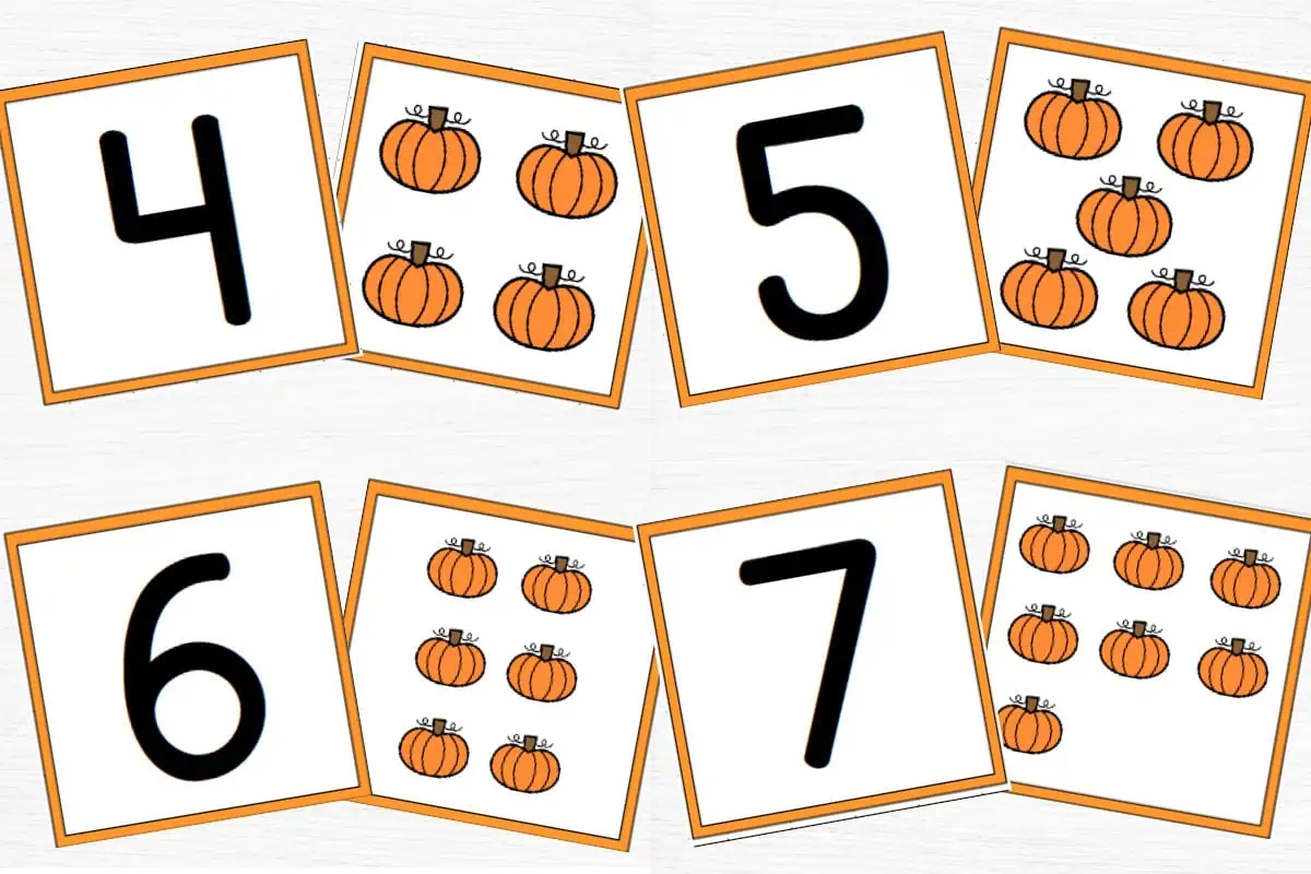 Pumpkin number game cards for numbers 4 through 7.