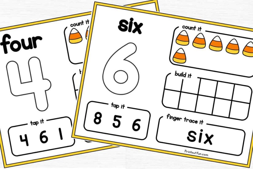 Candy corn counting mats for numbers 4 and 6.