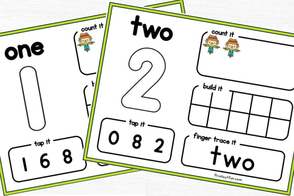 Scarecrow number mats printables with number 2 and number 1.