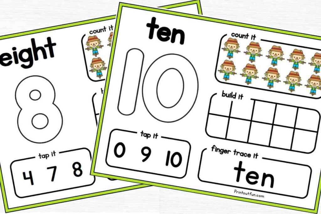 Scarecrow number mat printables for number 8 and number 10.