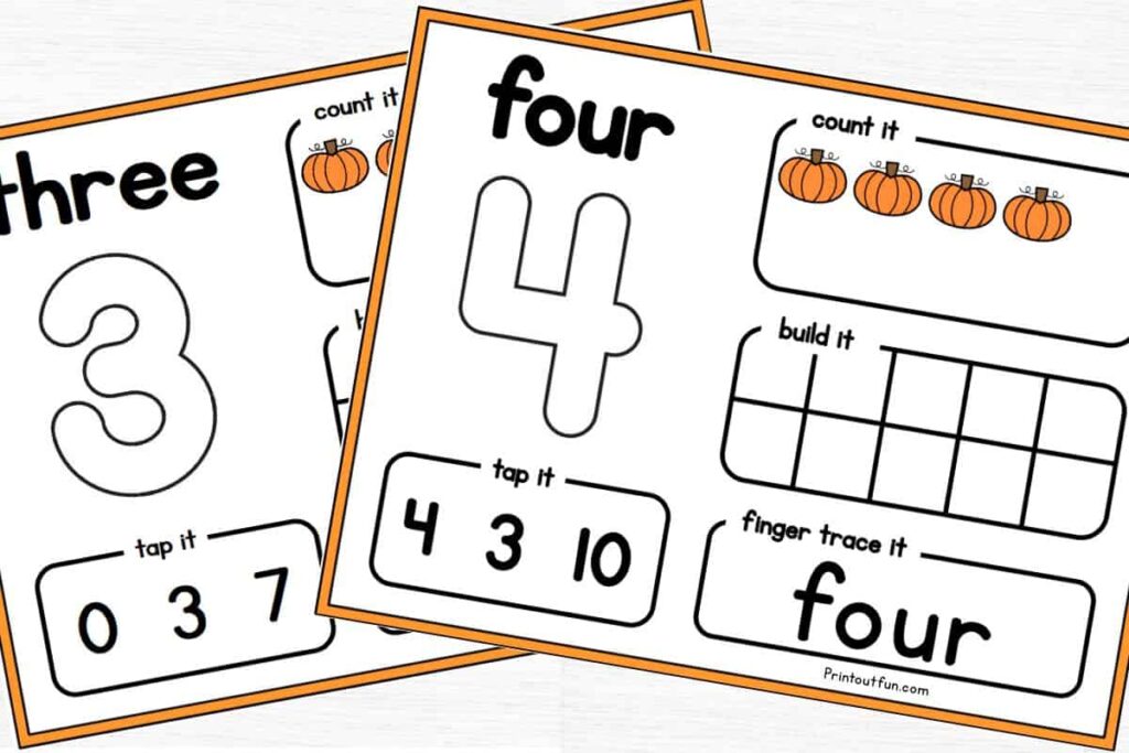Printable pumpkin number mats for the number 3 and 4.