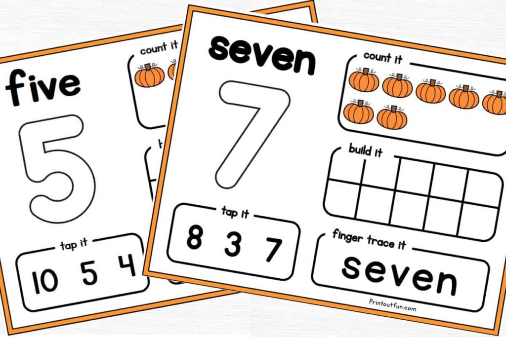 Pumpkin counting mats for number 5 and 7.