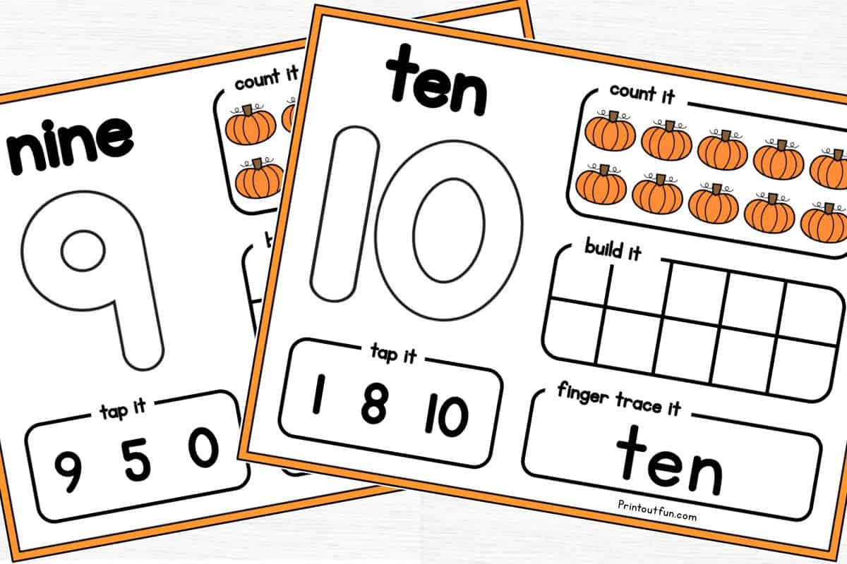 Pumpkin mats for numbers 9 and 10.