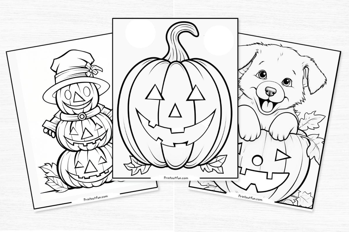 jack-o-lantern coloring pages 3 Coloring pages featuring a puppy, a jack-o-lantern stack, and a single smiling pumpkin.