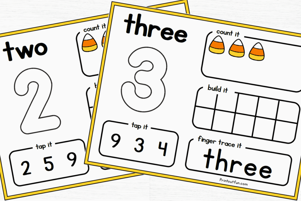candy corn number mats for the numbers 2 and 3.